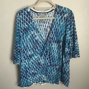 Catherine’s Underwater Geometric Button Cardigan Blue and White Size 1XL
